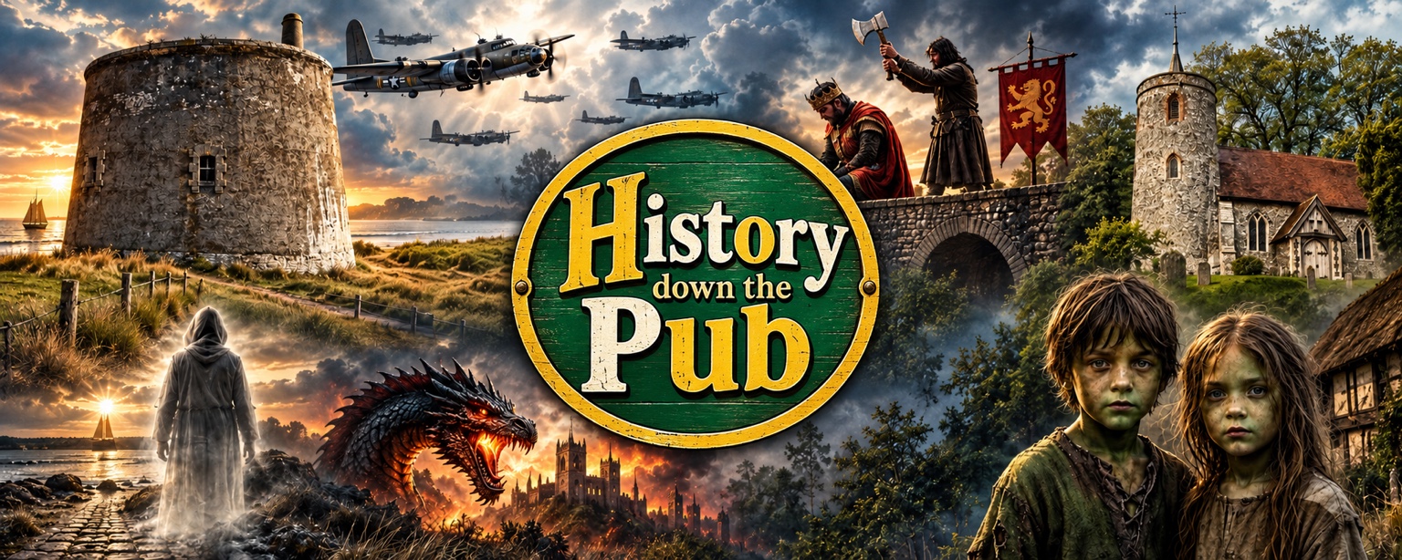 History Down the Pub artwork: a Suffolk bridge, historical figures, aircraft and local legends